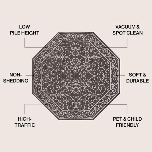JONATHAN Y SMB106G-5TGN Charleston Vintage Filigree Textured Weave Black/Gray 5' Octagon Indoor/Outdoor Area Rug, Non-Shedding, Stain Resistant,Fade Resistant, Easy-Cleaning for Backyard Patio, Porch