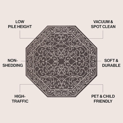 JONATHAN Y SMB106G-8TGN Charleston Vintage Filigree Textured Weave Black/Gray 8' Octagon Indoor/Outdoor Area Rug, Non-Shedding, Stain Resistant,Fade Resistant, Easy-Cleaning for Backyard Patio, Porch