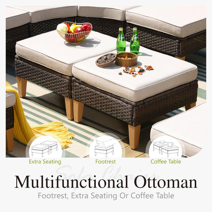 Sophia & William Half-Moon Outdoor Patio Furniture Set 8 Piece Large & High Back Wicker Rattan Patio Sectional Furniture Sofa Set Fan-Shaped Conversation Set with Ottomans & 4" Thick Cushions, Beige