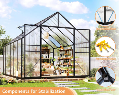 Jocisland 8x11.5x7 FT Polycarbonate Greenhouses for Outdoors, 2 Top-Opening Windows, 2 Swing Doors, Aluminum Walk-in Heavy Duty for Outdoor Use, Backyard Garden, Black