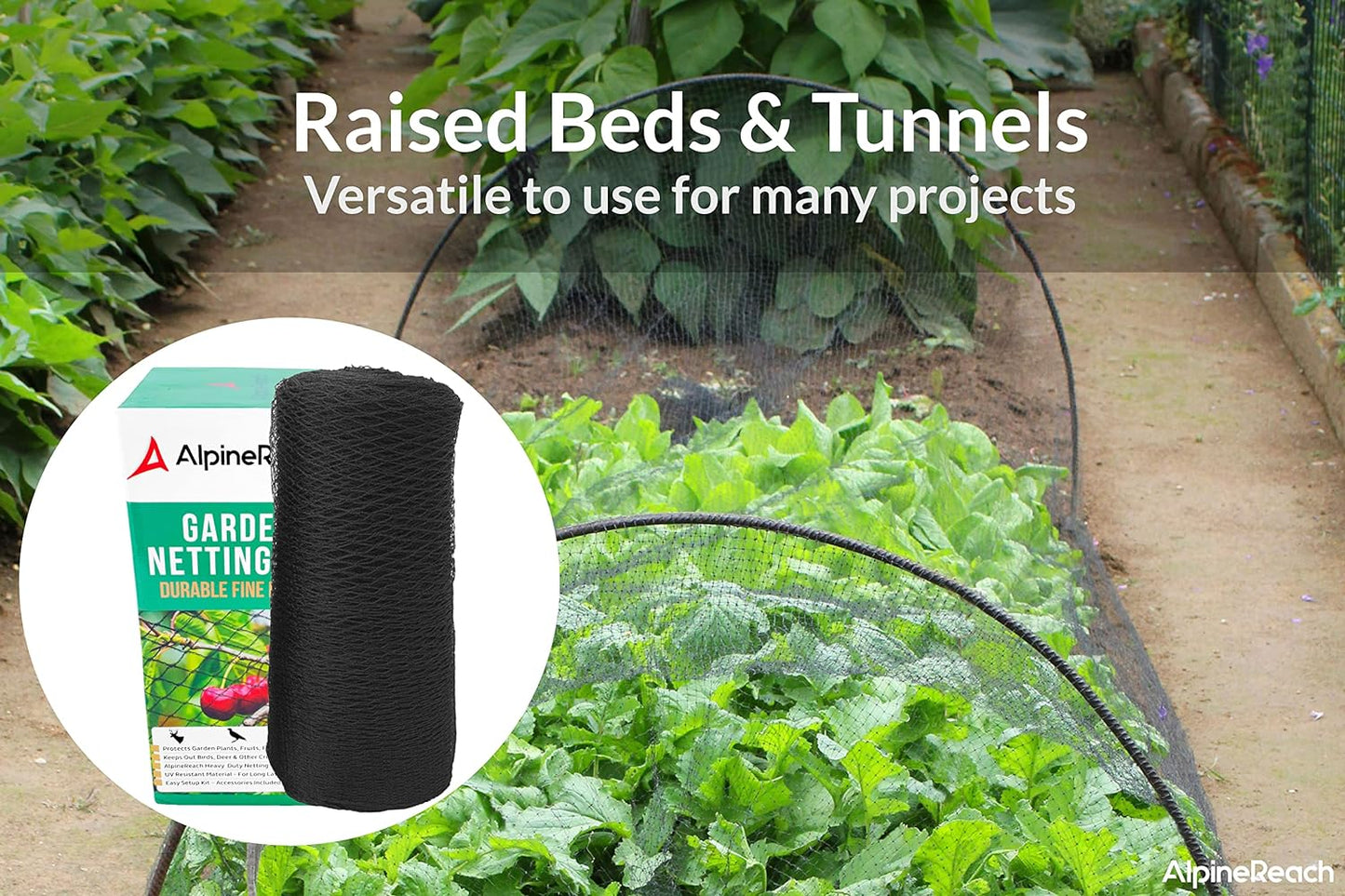 AlpineReach Garden Netting 15 x 30 ft Heavy Duty Bird Net, Deer, Plant Protection Extra Strong Woven Mesh, Reusable Kit with Zip Ties, Animal Fencing for Fruits Trees, Black