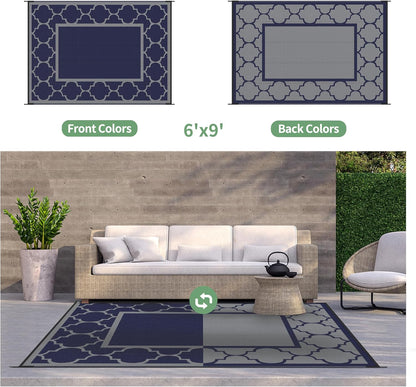 GENIMO 6' x 9' Outdoor Rug Waterproof for Patio Decor, Foldable Reversible Plastic Straw Area Rugs Mat for Camper, Outside Carpet for Rv, Deck, Porch, Picnic, Beach, Balcony, Blue & Grey