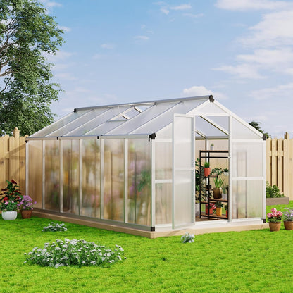 8x12 FT Greenhouse, Large Aluminum Greenhouses for Outdoors, Heavy Duty Polycarbonate Greenhouse with Roof Vent, Walk-in Green Houses for Winter Garden, Backyard, Patio, Lawn, Easy Assembly