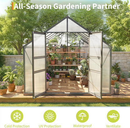 8*12 FT Outdoor Walk-in Greenhouse, Polycarbonate Green House, Heavy Duty Greenhouse with Vented Roof Window, Windproof Aluminum Frame, Suitable for Outside Gardening, Backyard, Patio