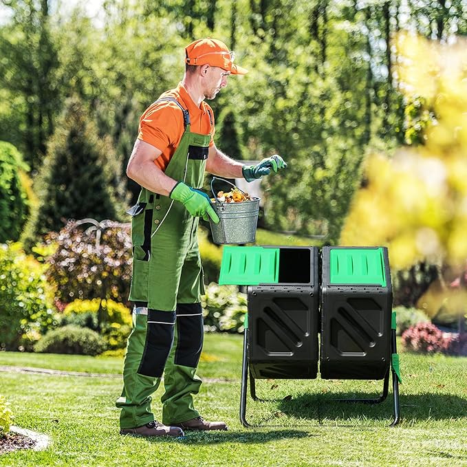 YITAHOME Large Outdoor Dual Chamber Compost Bin, 37 Gallon Rotating Composter Tumbling with 2 Sliding Doors and Aeration System, Garden Compost Tumbler (2x18.5 Gallon,Green)
