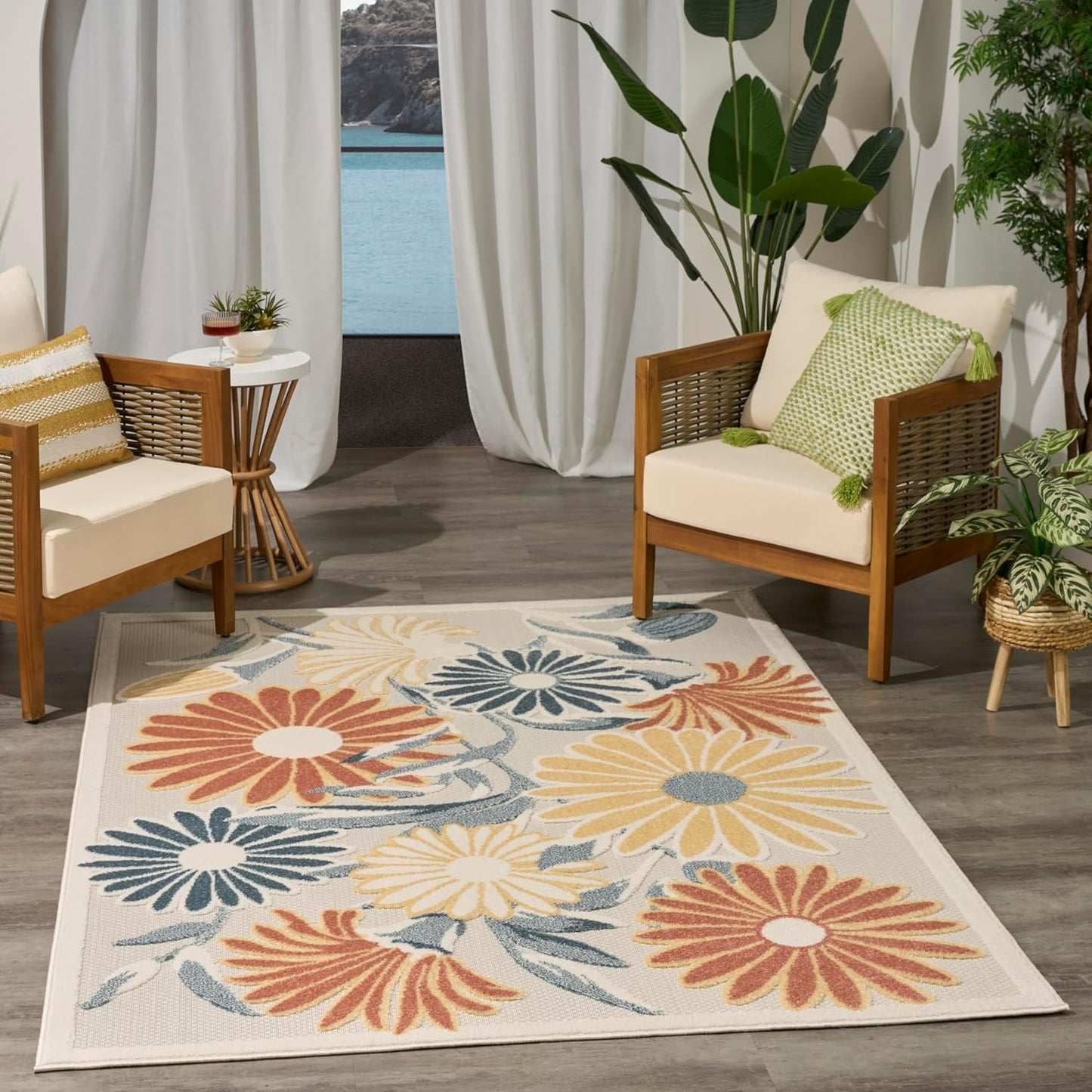 Nourison Aloha Ivory Rose 3'6" x 5'6" Area Rug - Easy Clean, Non Shedding, Bed Room, Living Room, Dining Room, Kitchen (4' x 6')
