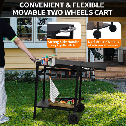 Outdoor Grill Table Cart 35" x 22" Movable Pizza Oven Stand Foldable Double-Shelf Grill Cart Food Prep Trolley Dining Cart Fit for Ooni Ninja Woodfire Blackstone Pizza Oven