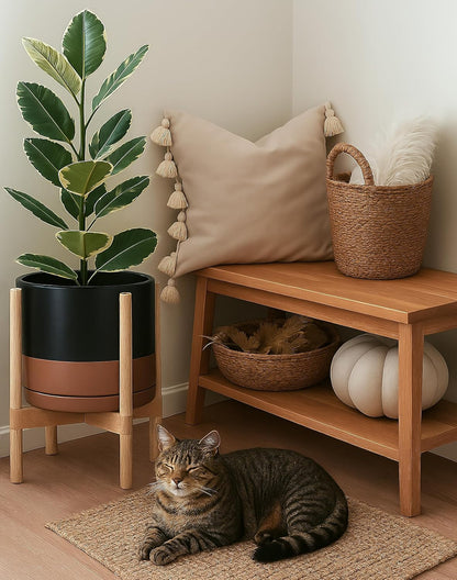 D'vine Dev Ceramic Planter with Natural Stand - 12 Inch Modern Round Flower Pot with Wood Planter Holder, Black/Speckled Tan, 55-B-J-7