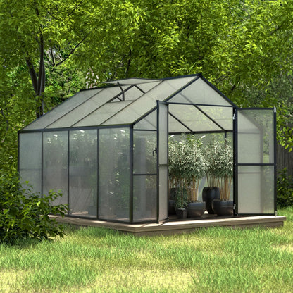 8x8 FT Outdoor Greenhouse Kit, Polycarbonate Aluminum Walk-in Greenhouse with Adjustable Roof Vent and Lockable Door, Backyard Garden in Winter, Gray