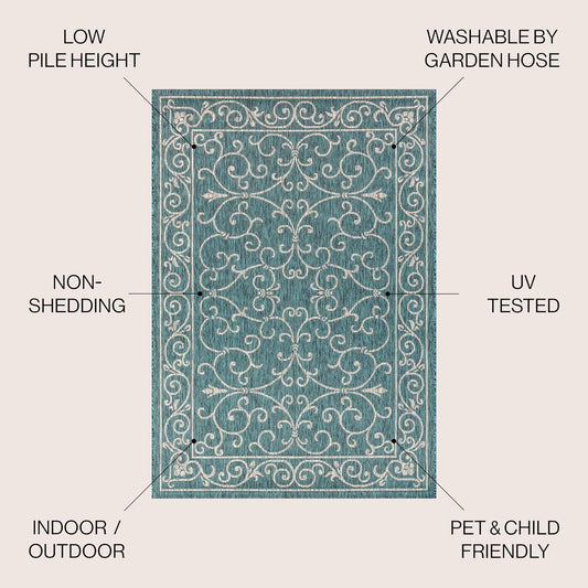 JONATHAN Y SMB106F-5SQ Charleston Vintage Filigree Textured Weave Indoor Outdoor Area Rug Classic Coastal Easy Cleaning Bedroom Kitchen Backyard Patio Non Shedding, 5' Square, Teal/Gray