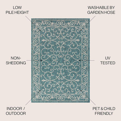 JONATHAN Y SMB106F-8 Charleston Vintage Filigree Textured Weave Indoor/Outdoor Teal/Gray 8 ft. x 10 ft. Area Rug, Classic,Easy Cleaning,HighTraffic,LivingRoom,Backyard, Non Shedding