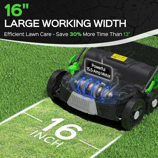 2025 Upgrade 16-Inch 15.5 Amp 2-in-1 Electric Dethatcher and Scarifier with 14.5-Gallon Collection Bag, Lawn Dethatcher with 5-Position Depth Adjustment, Keeps Lawn Healthy – Light Green