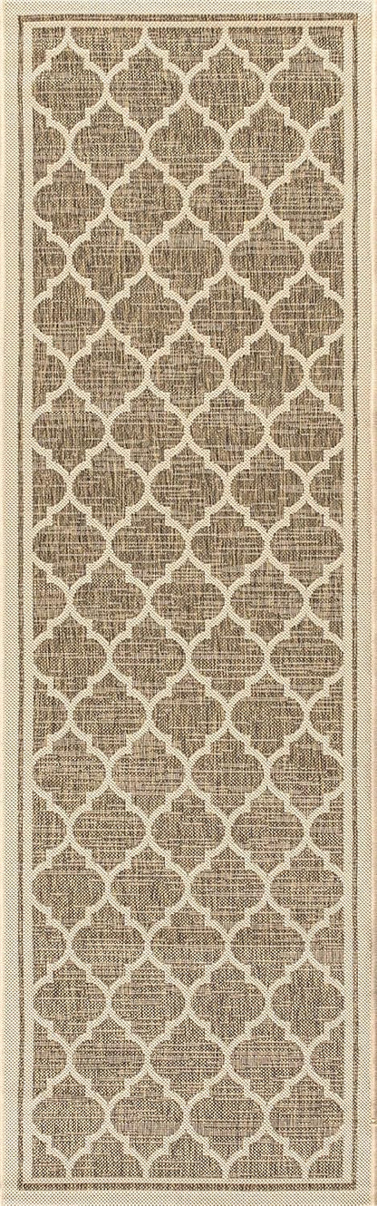 Eyely BMS109A-210 Santa Monica Trebol Moroccan Trellis Textured Weave Indoor/Outdoor Runner Rug Coastal;Bohemian, Bedroom, Backyard, Patio, Easy-Cleaning, Non-Shedding, 2 X 10, Brown/Beige