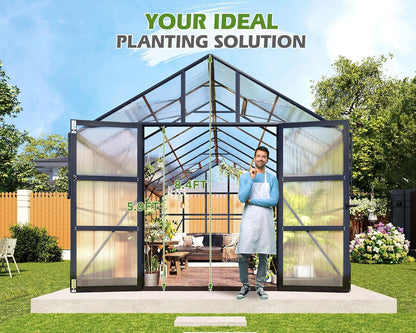 AMERLIFE 10x12 FT Heavy Duty Aluminum Greenhouse with 4 Roof Vents & Rain Gutter, Polycarbonate Greenhouse for Outdoor Garden Backyard, Black