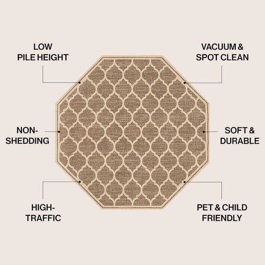 Eyely BMS109A-5TGN Trebol Moroccan Trellis Textured Weave Brown/Beige 5' Octagon Indoor/Outdoor Area Rug, Brown/Beige, 5' Octagon, Indoor/Outdoor, Area Rug