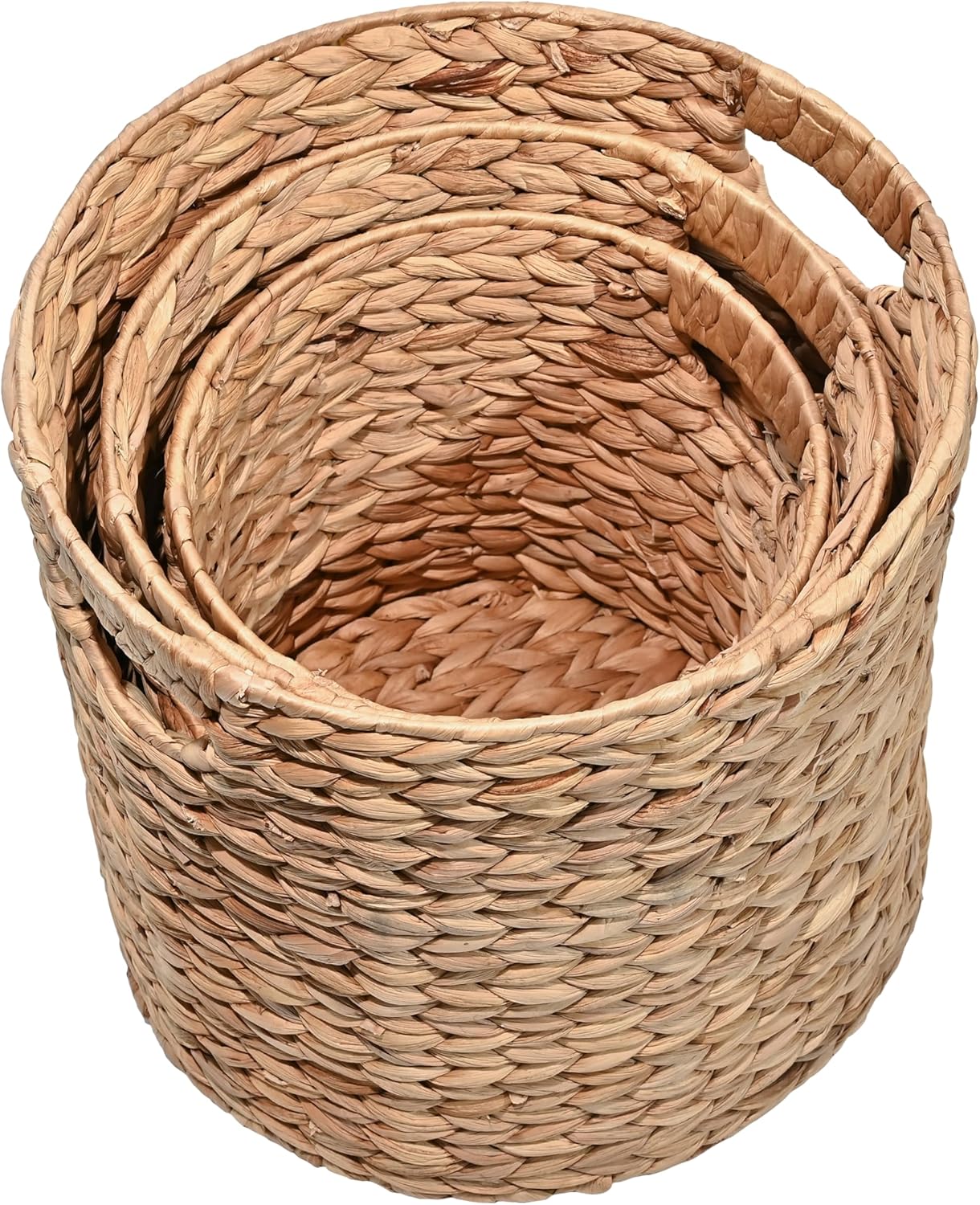 happimess BSK2011A-3SET Avery Bohemian Cottage Handwoven Hyacinth Cylinder Nesting Wicker Storage Baskets with Handles, Natural (Set of 3), Seagrass Containers for Decoration in Living Room, Bedroom
