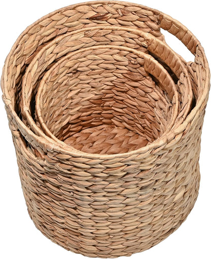 happimess BSK2011A-3SET Avery Bohemian Cottage Handwoven Hyacinth Cylinder Nesting Wicker Storage Baskets with Handles, Natural (Set of 3), Seagrass Containers for Decoration in Living Room, Bedroom