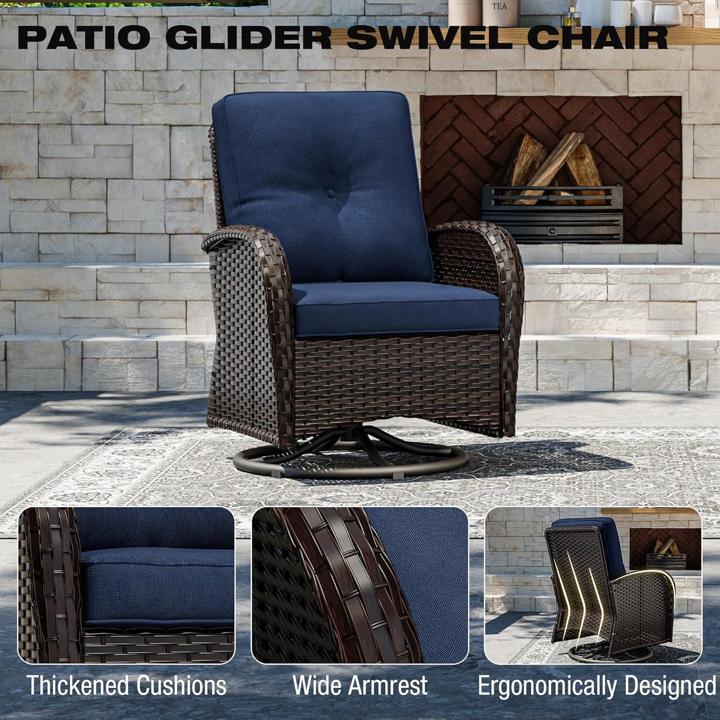 Joyside 6 Piece Patio Furniture Set, Outdoor Wicker Conversation Sets with Swivel Rocker Chairs and Sofa, Thick Cushion, Rattan Patio Sectional for Porch, Deck Use (Brown/Blue, 6 PCS)