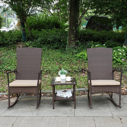 Outdoor Rocking Chair 3 Pieces High-Backed Rocking Chair Outdoor Patio Rocking Chairs Outdoor Table, Khaki