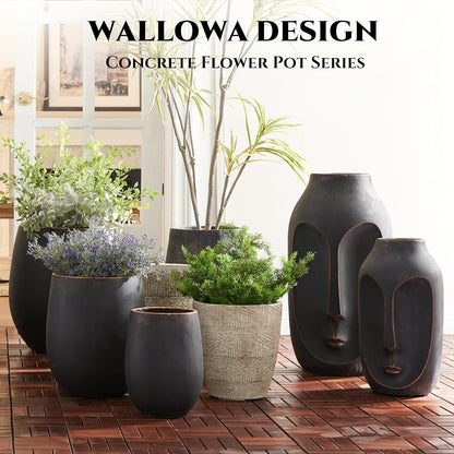 15.5" H Outdoor Concrete Planter, Round Flower Pot with Drainage Hole and Silicone Plug, Plant Container for Garden, Patio, Home, Office, Black, Copper Rim, 1 Pack