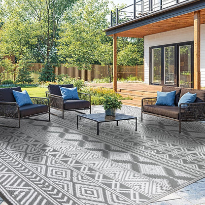 8'x10' Reversible Outdoor Rug - Eco-Friendly Plastic Straw Rug-Heavy-Duty Waterproof Mat, UV & Fade Resistant for Patio, Camping, RV, Deck, Balcony(8x10,Gray&White)
