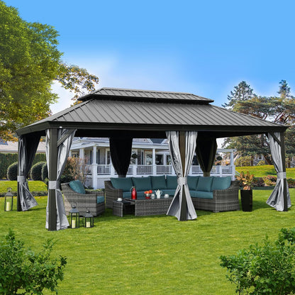Kozyard Alexander 12' X 20' Hardtop Permanent Aluminum Metal Gazebo with Galvanized Steel Double Roof Canopy, Curtain and Netting Pavilion for Patio, Backyard, Deck, Lawn (Gray)