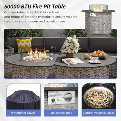 Patio Sectional Furniture Outdoor 8-Piece Grey Rattan Curved Sofa Set with Fire Pit Table,Storage Table,Pillows,Fit for Pool Backyard Balcony Porch Lawn (Grey)