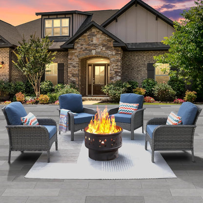 ovios 4 Pieces Patio Furniture Set with 25" Fire Pit, Outdoor Wicker Chairs of 4, All Weather High Back Rattan Chairs 4-Seater with Comfy Cushions, Denim Blue
