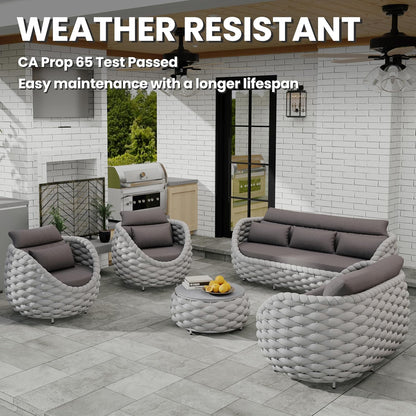 Lanai Outdoor Furniture Set: 6-Piece Aluminum Woven Rope Patio Conversation Sofa Set w/Table - Modern Cushions Couch Set - No Assembly Metal Porch Seating for Deck Yard Garden Pool Hotel Resort