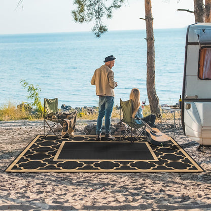 GENIMO Outdoor Rug 8' x 10' Patio Waterproof, Foldable Reversible Plastic Straw Area Rugs Mat for Camper Decor, Outside Carpet for Rv, Deck, Porch, Picnic, Beach, Balcony, Black & Brown