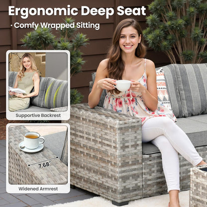 ovios 6 Pieces Patio Furniture Set, Outdoor Wicker Sectional Sofa with Glass Table Comfy Cushions, Modern Modular Deep Seat Couch Rattan Conversation Set, Dark Gray Stripe