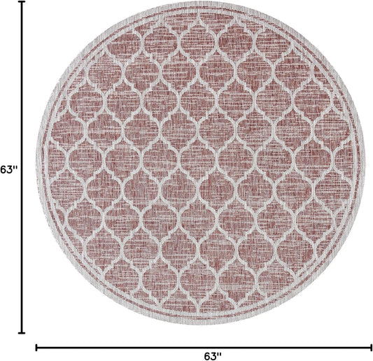 Eyely BMS109C-5R Santa Monica Trebol Moroccan Trellis Textured Weave Indoor/Outdoor Area Rug Coastal;Bohemian, Bedroom, Backyard, Patio, Easy-Cleaning, Non-Shedding, 5' Round, Red/Beige