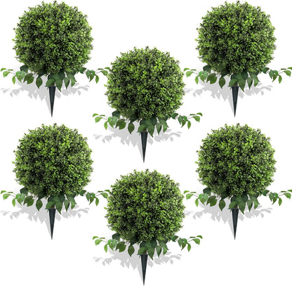28" Artificial Boxwood Ball Bush, UV Resistant Topiary Tree Faux Boxwood Ball Shaped Porch Bushes with Ground Spike Artificial Bushes for Outdoors Front Door Decor Home Garden (6, Green)