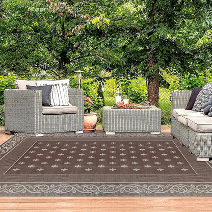 Pauwer Waterproof Outdoor Rug 6x9, Reversible Plastic Straw Patio Camping Rug, Indoor Outdoor RV Mat Carpet for Deck, Camper, Porch, Balcony, Backyard, Picnic, Bordered Brown