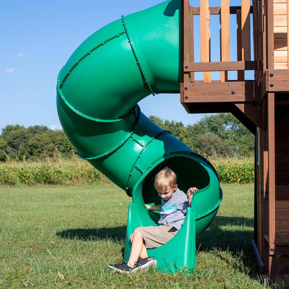 Backyard Discovery Cedar Cove Cedar Wood Swing Set with Spiral Tube Slide, Wave Slide, Clubhouse, Toy Grill, Snack Bar, Rock Wall, Belt Swings, Web Swing, Balcony, Chalkboard, Ladder, Outdoor Playset
