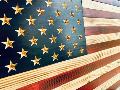 Rustic Wooden American Flag, Patriotic Wall Art (Weather Protected Finish, 34x65)