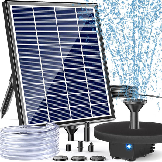 POPOSOAP Modern Black Solar Bird Bath Fountain Pump, 6W, 60GPH, 5 Nozzles, 9.84ft Cable, 4ft Tubing