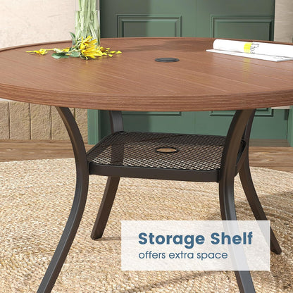 DIFY 48" Round Patio Dining Table for 6, All Weather Round Outdoor Metal Dining Table with 1.57" Umbrella Hole, Perfect for Backyard Lawn Garden, Walnut