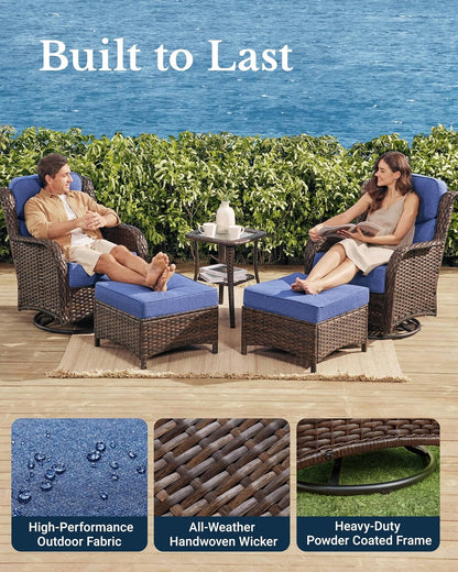 HILLGA Luxury Patio Furniture Set with 6-inch Thick Cushion, Outdoor High Back Swivel Rocker Patio Chairs, 5PCS Wicker Conversation Set for Deck Yard and Poolside, Blue (V2)