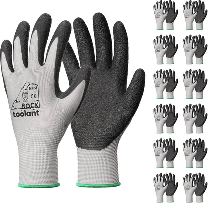 toolant Crinkle Latex Work Gloves Bulk, Rubber Coated Safety Work Gloves for Men and Women, 12 Pairs for Construction, Gardening, Warehouse (Gray, Medium)