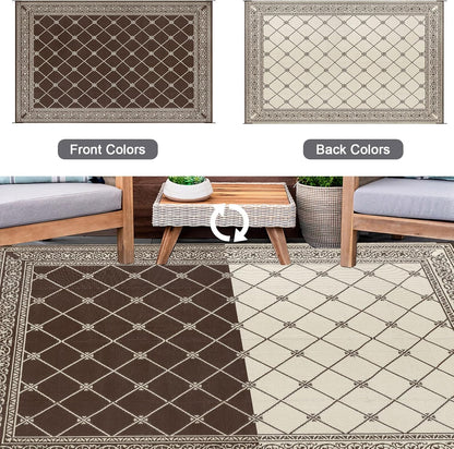 HiiARug Outdoor Rugs 9x12 for Patios Clearance Brown Camping Rug for RV Outside, Reversible Waterproof Plastic Straw Rug Large Outdoor Rug for Porch Beach Picnic Camper