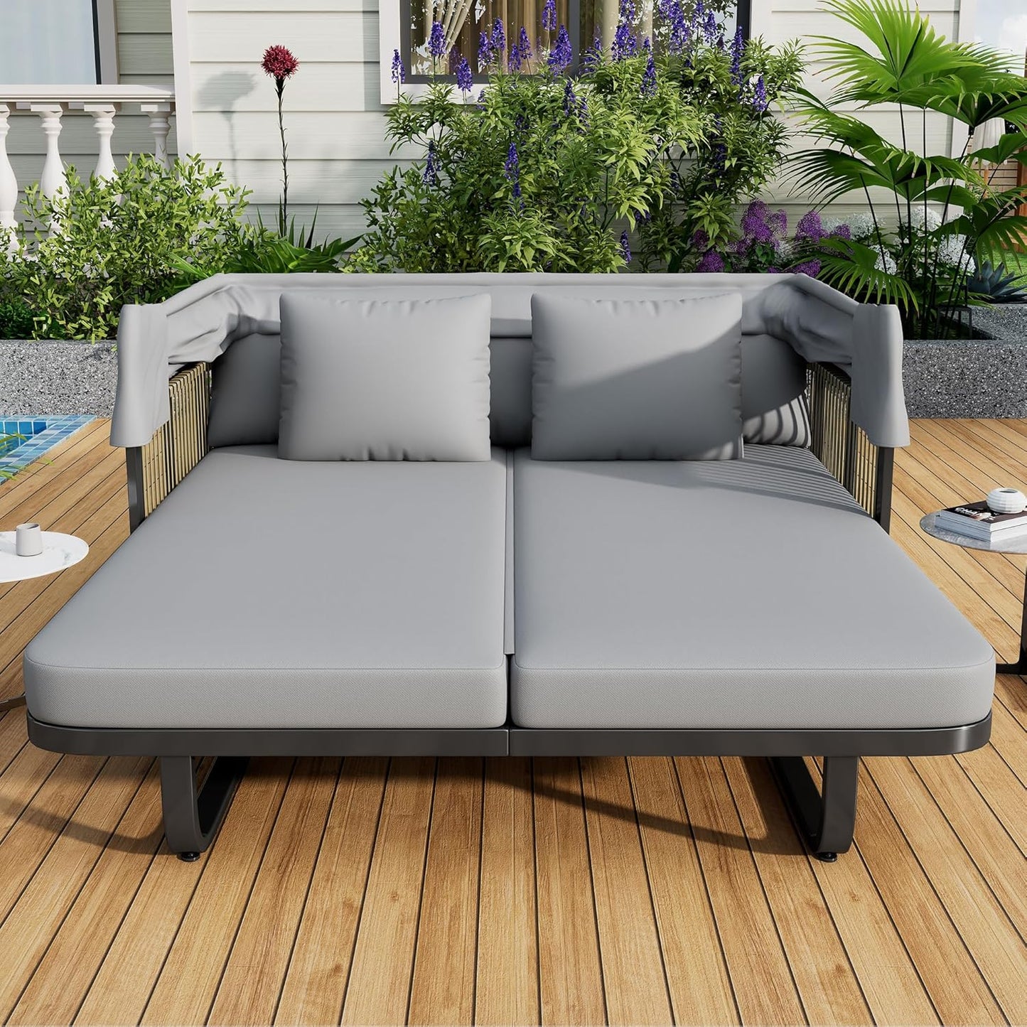 kevinplus Outdoor Patio Sunbed Daybed Double Lounge with Adjustable Canopy for Garden Backyard Pool, Iron Frame & Rattan Material & Moveable Cushion Cover, Gray