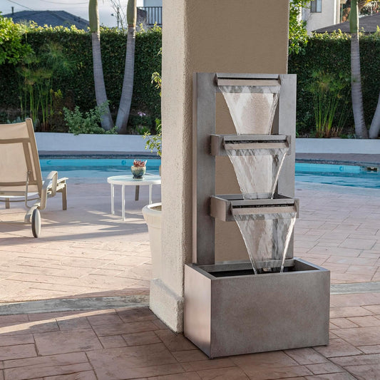 Alpine Corporation CPS182 Outdoor Metal Multitiered Waterfall Floor Fountain Industrial Style Water Feature for Garden, Patio, Yard, Backyard, Relaxing Water Flow, and Serene Landscaping, Gray