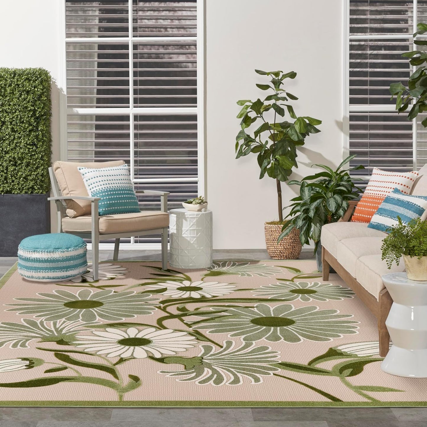Nourison Home Aloha 9' x 12' Ivory Green Fabric Outdoor Area Rug (9' x 12')