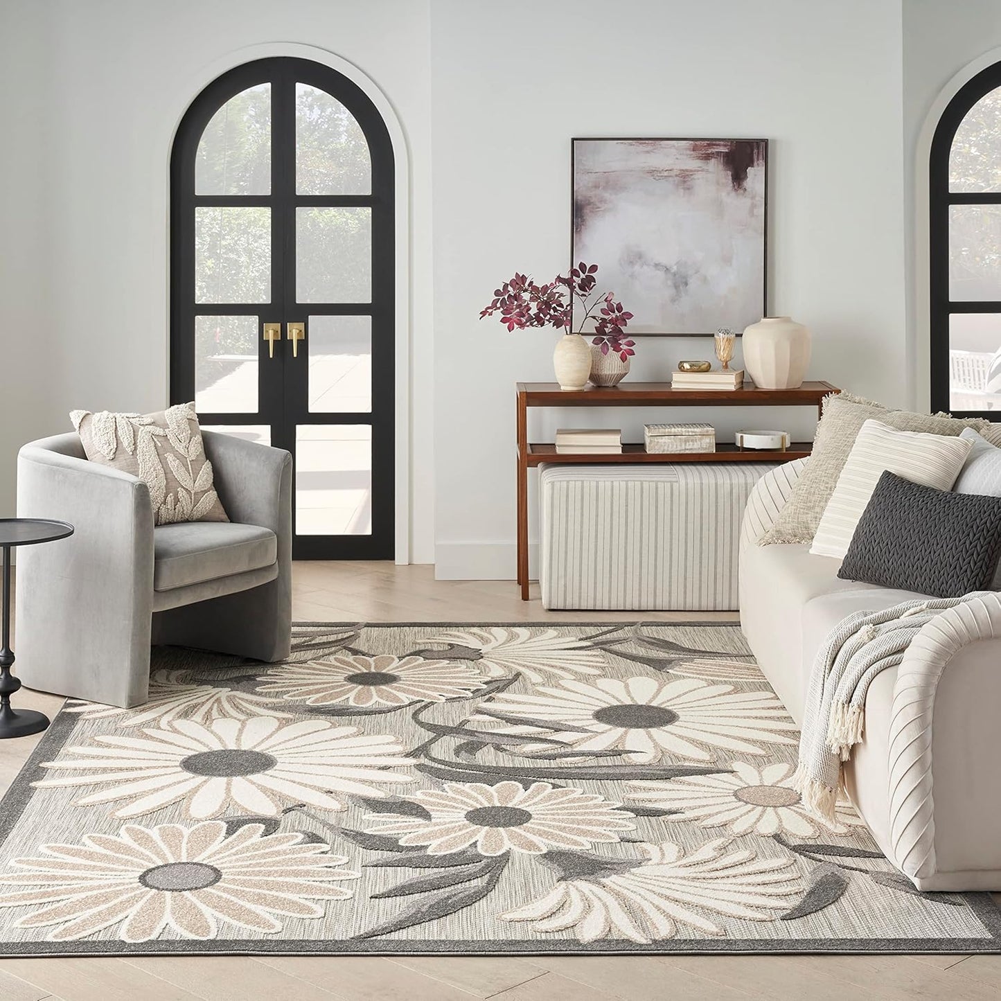 Nourison Home Aloha Indoor-Outdoor Beige 5'3" x 7'5" Area Rug, Easy Cleaning, Non Shedding, Bed Room, Living Room, Dining Room, Kitchen (5x7)