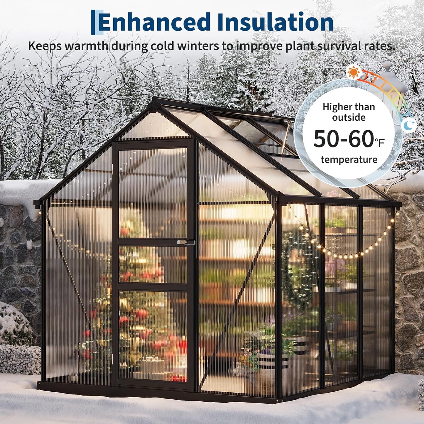 6x6 FT Outdoor Walk-in Greenhouse,All-Season Polycarbonate Garden Greenhouse with Reinforced Aluminum Frame, Roof Vent, Lockable Door & Easy Setup – Includes Ground Nails & Drainage(Black)