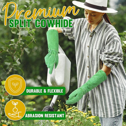 HANDLANDY Leather Gardening Gloves, Thorn Proof Long Gauntlet Heavy Duty Garden Gloves, Elbow Length Rose Pruning Weeding Yard Glove (Large, Green)