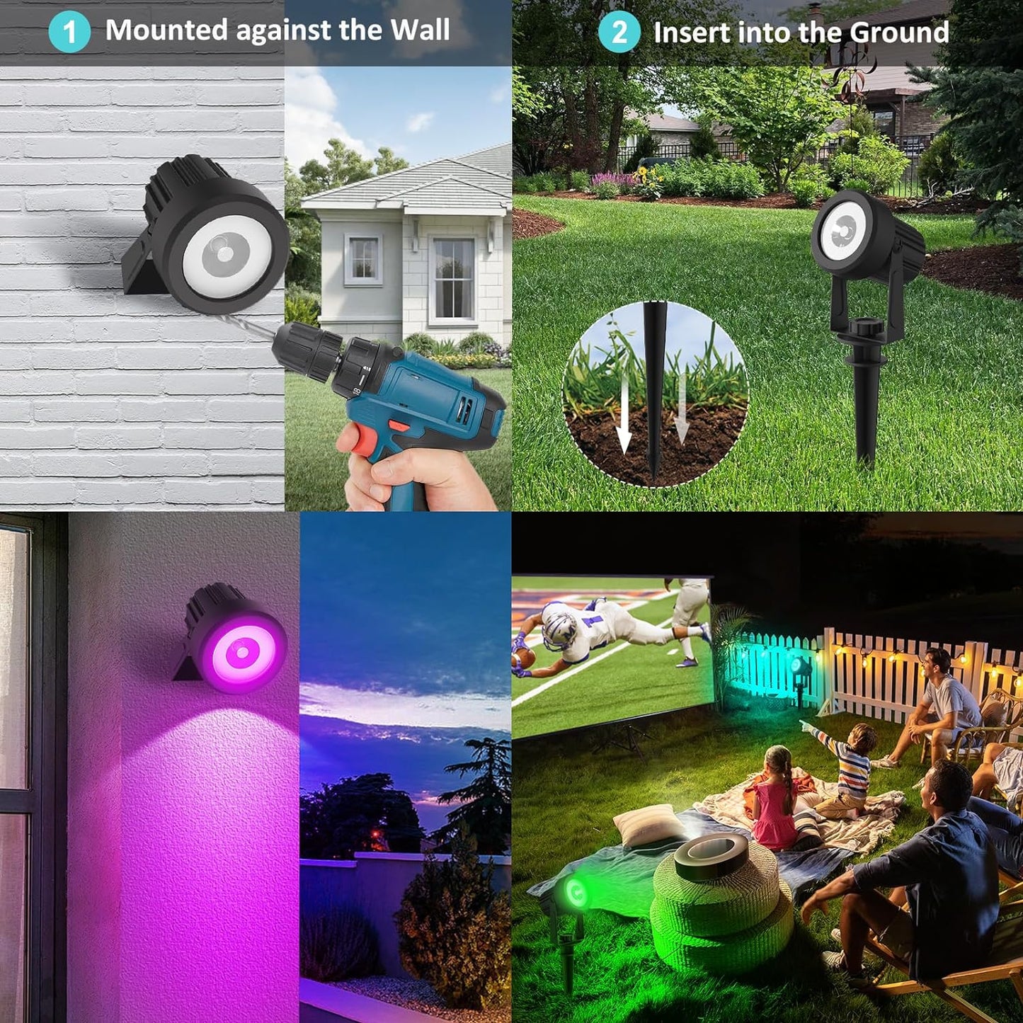 T-SUNUS Color Changing Solar Landscape Spotlights 4 Pack, IP65 Waterproof RGB Spot Lights 9.8ft Cable, Separated Panel Garden Light for Flag Outdoor Yard Driveway Porch Walkway Pool Patio