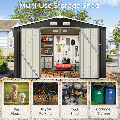 8x10 FT Outdoor Storage Shed, Utility Steel Tool Shed with Lockable Door and Air Vents, Galvanized Metal Shed for Garden Backyard Patio Lawn (8'x10', Black)