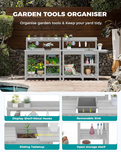 SERWALL Potting Bench Outdoor Potting Table with Sink, HDPE Potting Benches for Outside Gardening Table All Weather Use- Spanish Gray